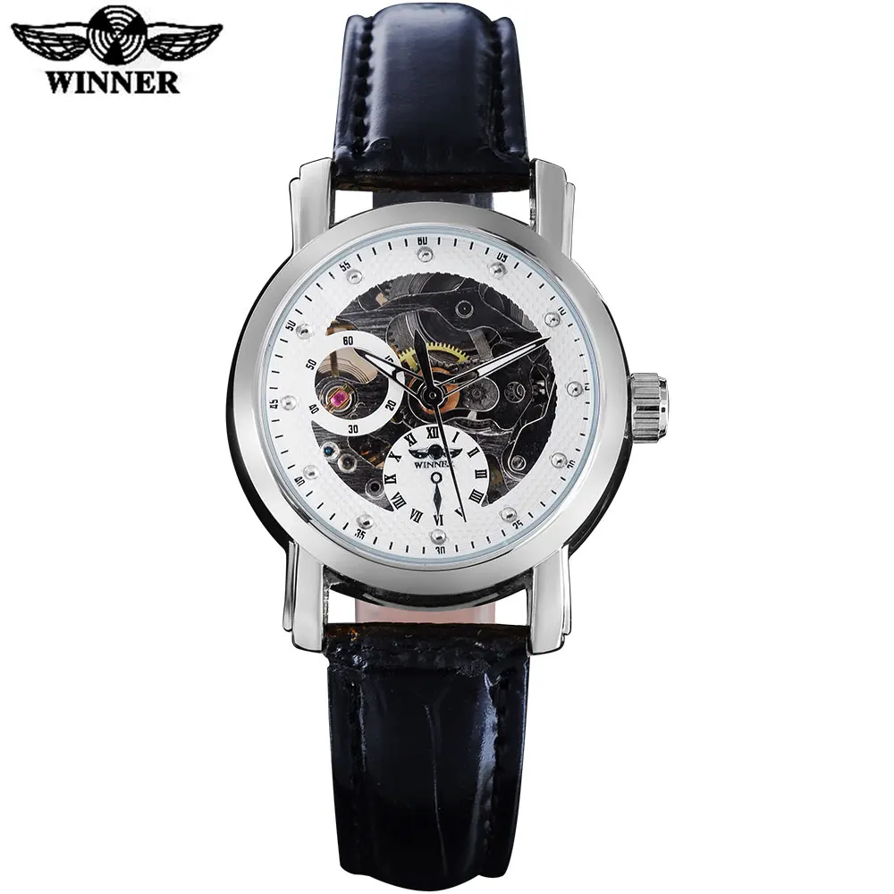 

2016 WINNER china brand women watch simple automatic self wind watch skeleton dials transparent glass silver case leather band