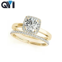 qyi 14k solid yellow gold halo engagement ring sets 1ct round cut sona simulated diamond jewelry for women wedding rings