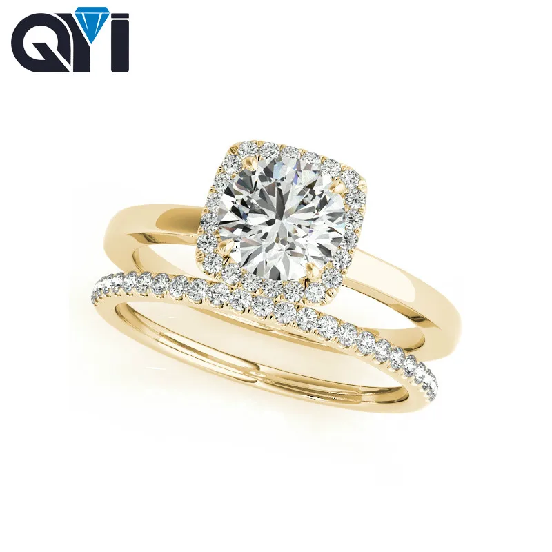 QYI 14K ТВЕРДОЕ желтое золото Halo набор обручальных колец 1ct круглая огранка Sona