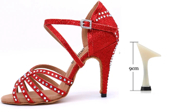Red heel 9cm WUXIJIAO/Новинка; обувь для латинских танцев; женская Обувь для бальных танцев; Женская Блестящая Тканевая обувь; блестящие стразы; 5-10 см - Цвет: Red heel 9cm