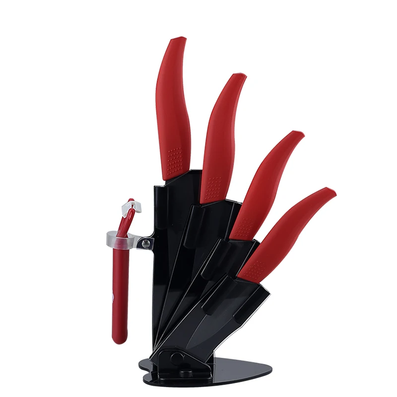 Red knives set Кухня Керамика ножей с держателем, комплект из 6 штук, " кожура 4" " 6" нож шеф-повара циркония Керамика с чёрным лезвием, Пособия по кулинарии ножи - Цвет: Red knives set