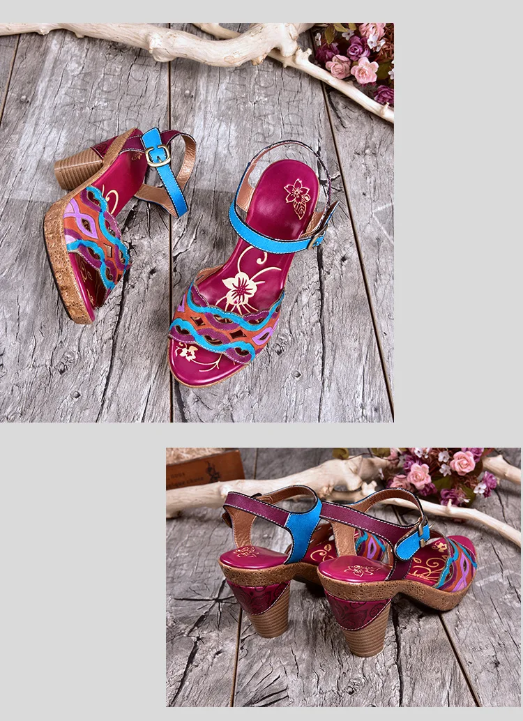 Plus Size Women Sandals 8 CM Super High Heels Chunky Summer Shoes Embroidery Ladies Retro Sandals Genuine Leather Retro Shoes