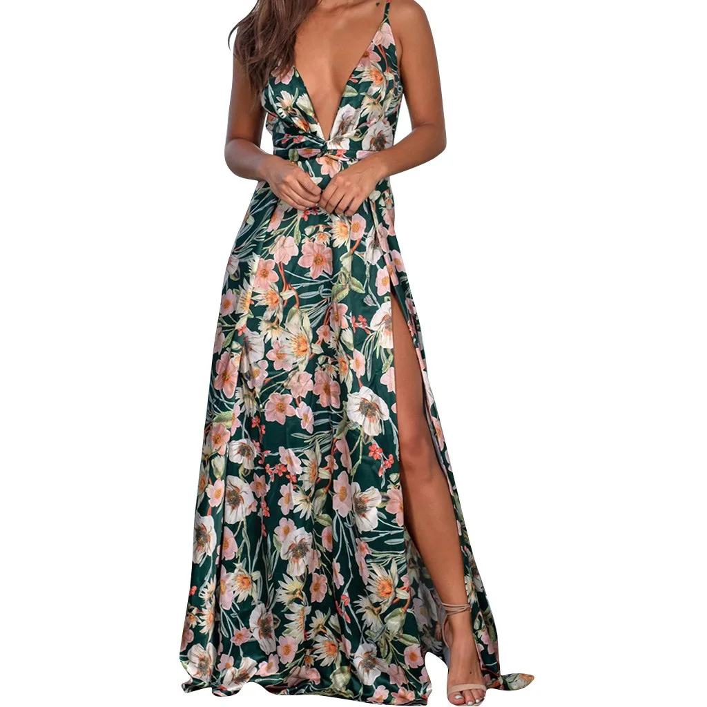 GN Женское длинное Макси платье Летнее Boho с v-образным вырезом пляжное сексуальное платье с принтом на бретельках без рукавов вечерние платья Vestidos - Цвет: GN