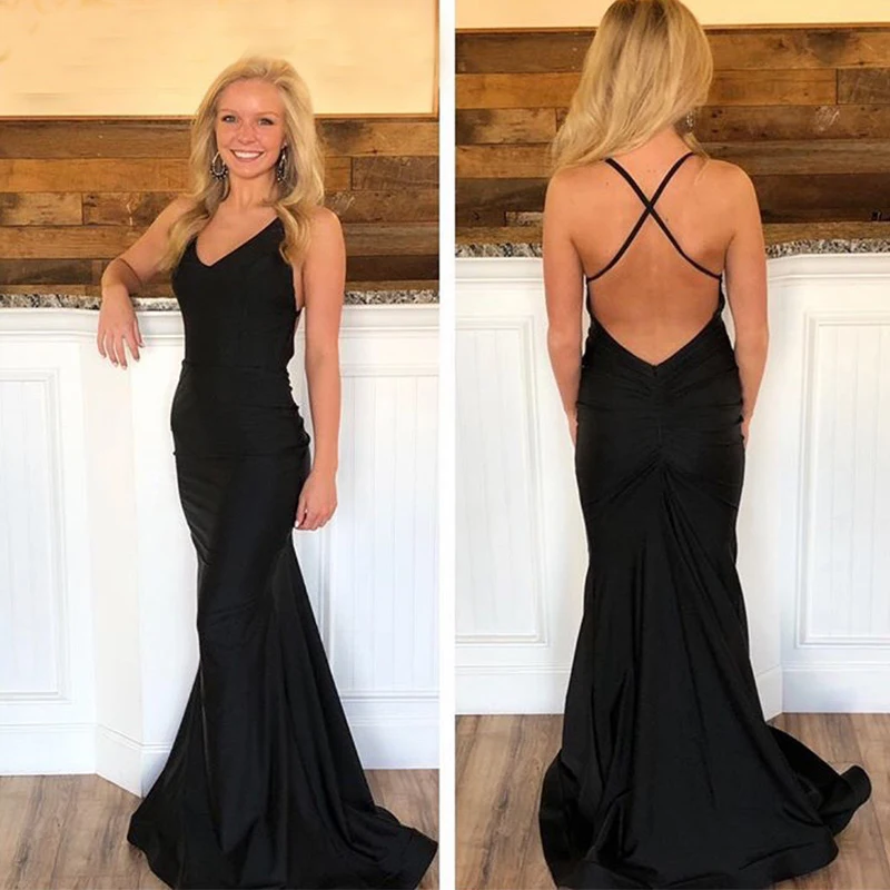 Вечернее платье с v-образным вырезом в стиле русалки черное сатиновое