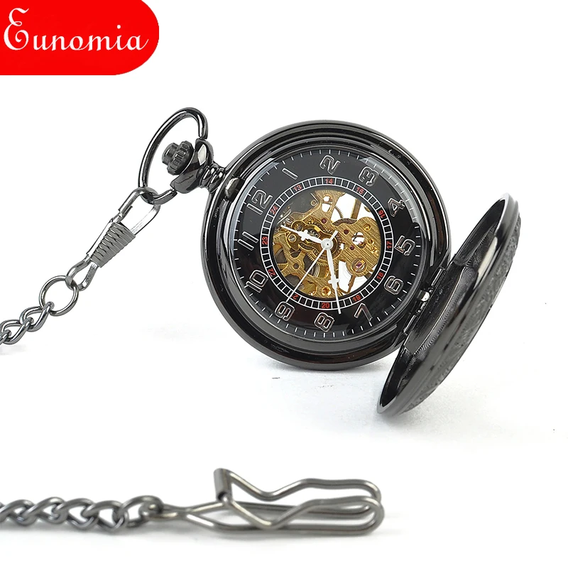 Черный виноград полые Скелет стимпанк Механическая Рука обмотки карманные часы