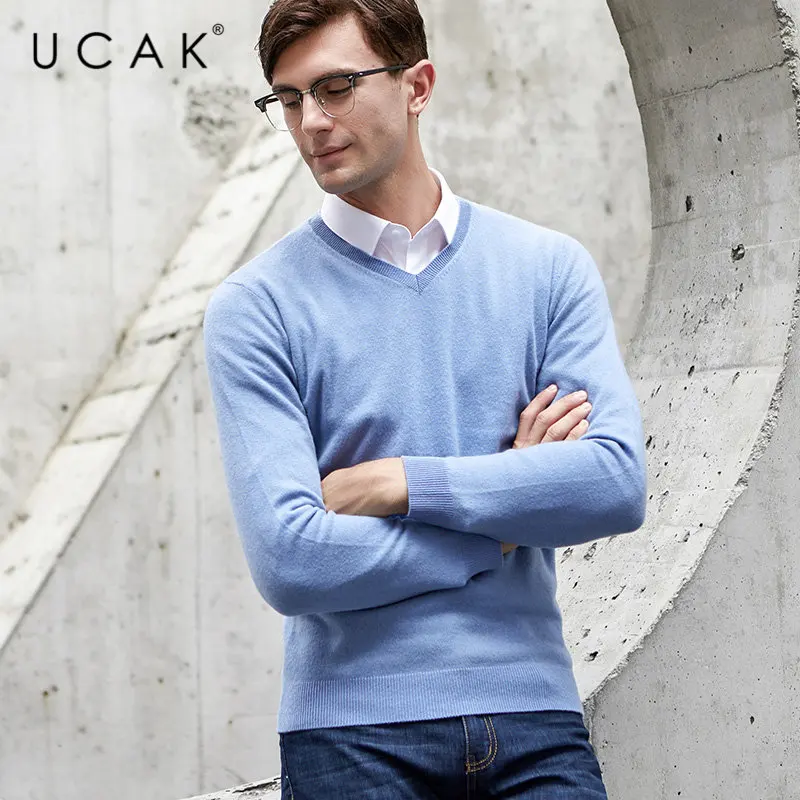 UCAK брендовый свитер мужской классический v-образный вырез Pull Homme чистая мериносовая шерсть пуловер мужской осень зима толстый теплый кашемировый свитер U3014