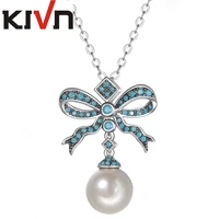 kivn womens fashion jewelry dangle bow ribbon pave cz cubic zirconia simulated pearl pendant necklaces promotion birthday gifts