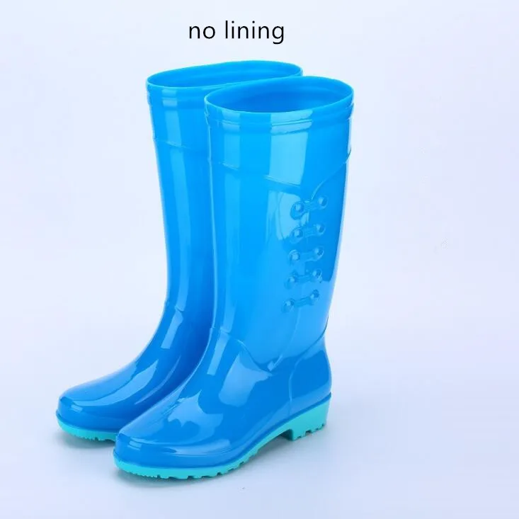 Sky Blue no lining Rouroliu Для женщин на плоской подошве высокие резиновые сапоги из ПВХ водонепроницаемые туфли резиновые сапоги модные Нескользящие теплые резиновые ботинки женские RT348 - Цвет: Sky Blue no lining