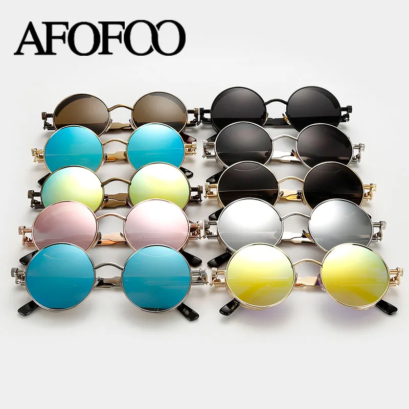 AFOFOO готические мужские солнцезащитные очки в стиле стимпанк винтажные мужские зеркальные солнцезащитные очки с металлическим покрытием женские круглые солнцезащитные очки ретро UV400