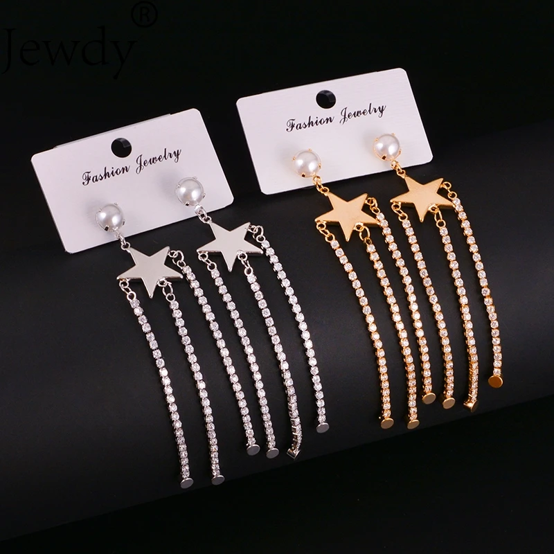

Jewdy Stars Long Tassel Drop Earrings Fashion Stainless Steel Wedding Ear Jewelry for Women Pearl Dangle Earrings 2020