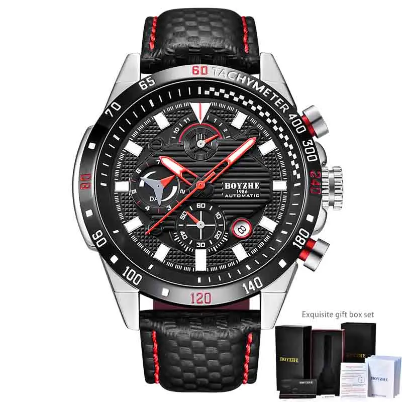 Black Silver add Box BOYZHE Роскошные, спортивные и фирменные автоматические часы мужские кожа Хронограф механические часы Водонепроницаемый автоподзаводом horloge heren - Цвет: Black Silver add Box