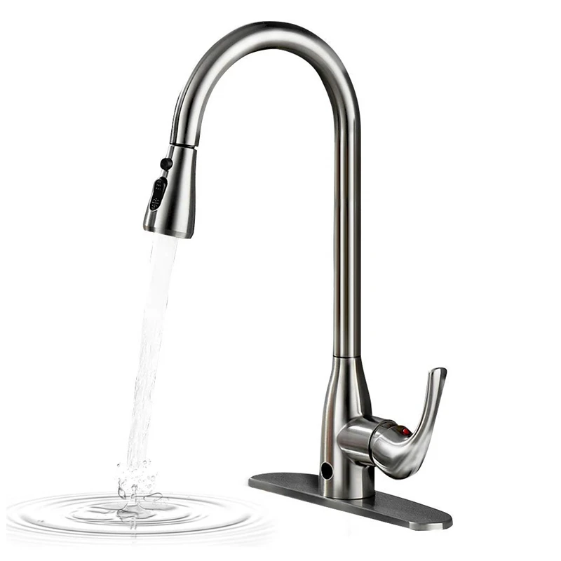 Smart Home Kitchen Sink Dual Mode Sensor Touchless Faucets with Pull Down Sprayer Brushed Nickel One Handle High Arc Pullout