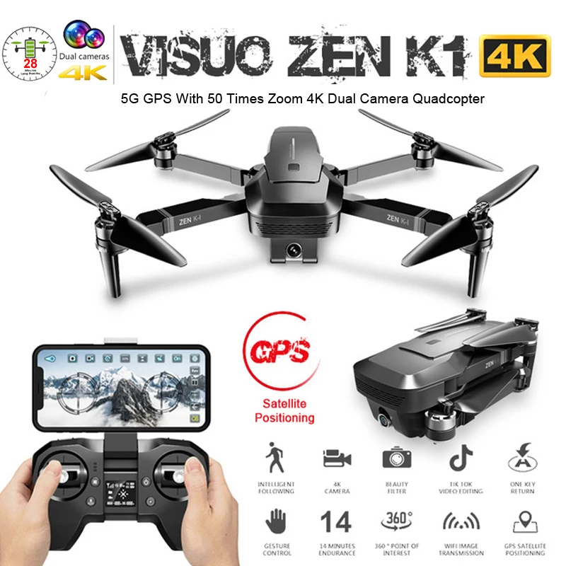 Visuo ZEN K1 gps Дрон с двойной камерой 4K 50 раз зум 5G WiFi FPV оптический поток бесщеточный Радиоуправляемый квадрокоптер Вертолет игрушки VS F11