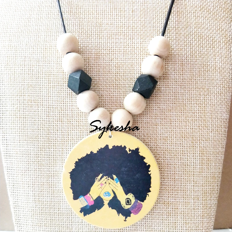  Hot New Yellow Wood Printed Round Africa Girl Tribal Statement Necklace African Wooden Hiphop Bohemia Jewelry Party Gift | Украшения и