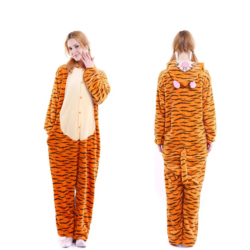 Adults Pajamas Women Flannel Sleepwear Unisex Cute Tiger Cartoon Animal Pajama Set Hooded Pyjamas Kigurumi