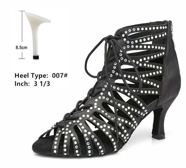 black 8.5cm Salsa Dance Boots Black Shining Lace Zipper Opening for Wedding Party Ballroom Social Dancing Glitter Women Sandals Medium 7.5cm - Цвет: black 8.5cm