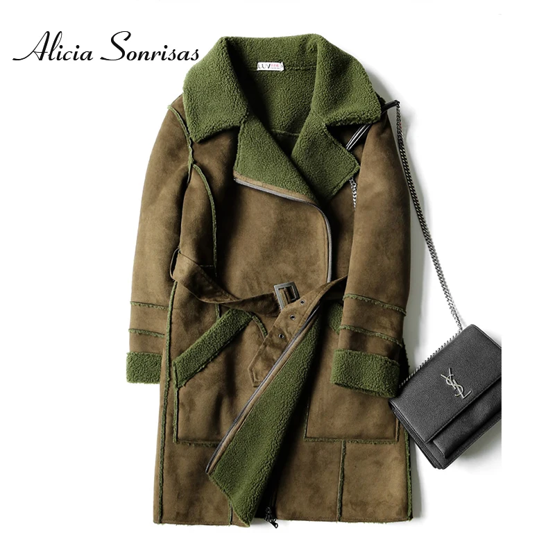 Women's Winter Long Faux Sheepskinn Coat Warm Suede Jacket Loose Street Lamb Fur Warm Motorcycle Biker Parkas With Belt U3702