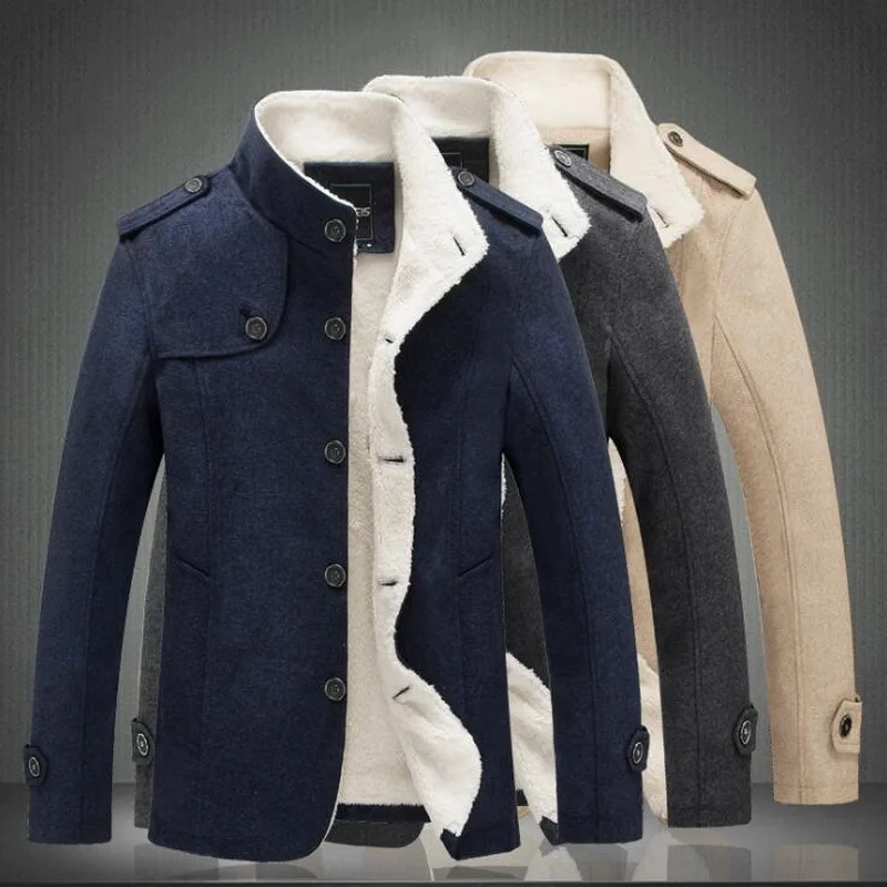Men's Winter Coat Men's Fleece Parkas Warm Coat Leisure Stand Collar Velvet Coat Solid Color Wool Jacket Wool Collar