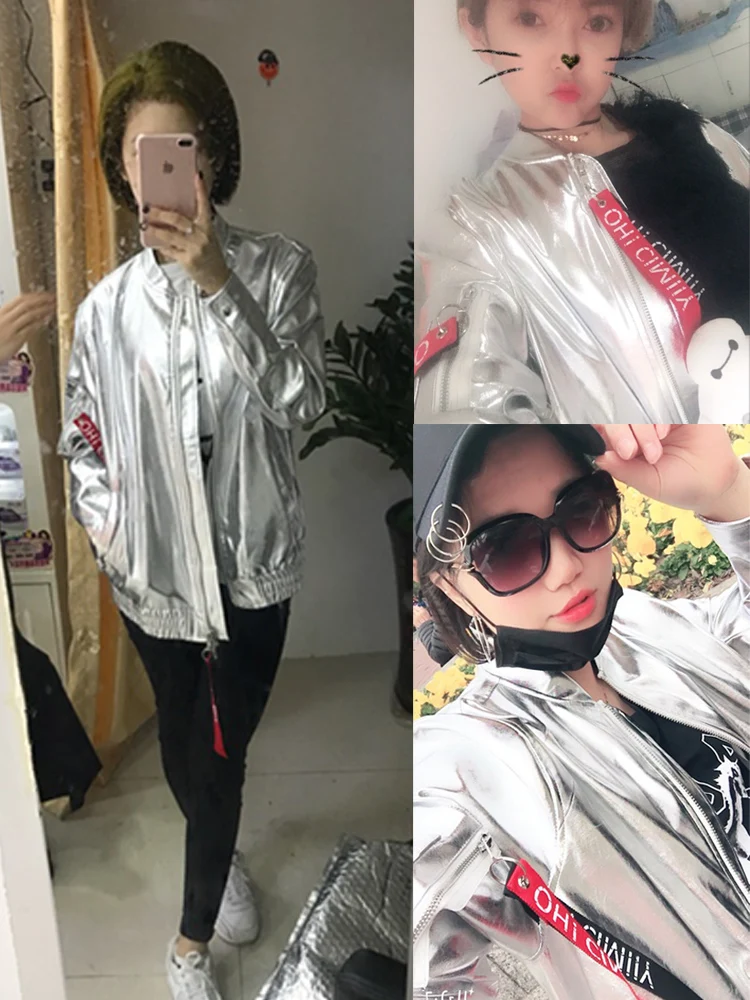 

Spring Jacket Women bomber jackets PU Leather Silver Coats O-Neck Cardigan Famale Jacket Fashion Outerwear Loose Coat Streetwear