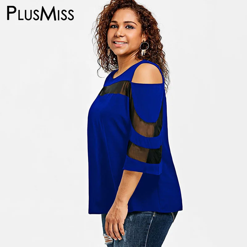 PlusMiss плюс Размеры 5XL 4XL сексуальное открытое плечо See Through футболки лето 2018 Для