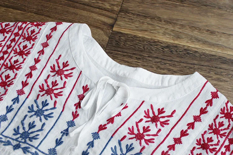 5977 new summer women Color embroidered cotton linen short dress Japan style Retro Casual O-Neck sleeve mini | Женская одежда