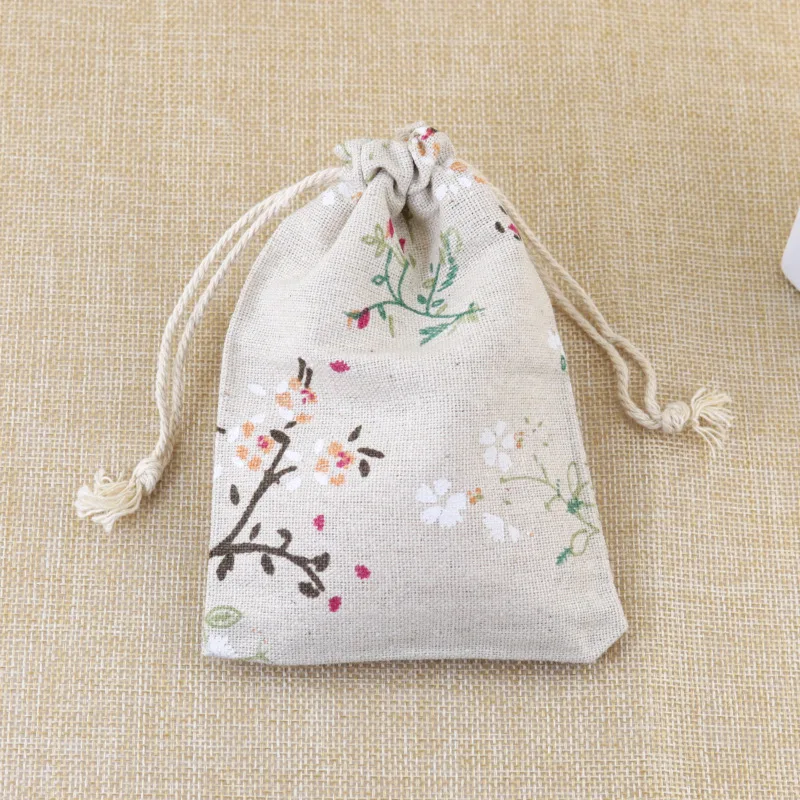 

High quality 50pcs/lot Printed Tree Jute Pouch linen drawstring small gift packaging Bag Wedding jewelry packing pouch (10x14cm)