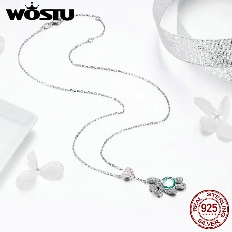 WOSTU высокое качество 925 пробы серебро ослепительные медведи и сердце кулон колье ожерелье для женщин утонченное украшение для девушки подарок DXN271