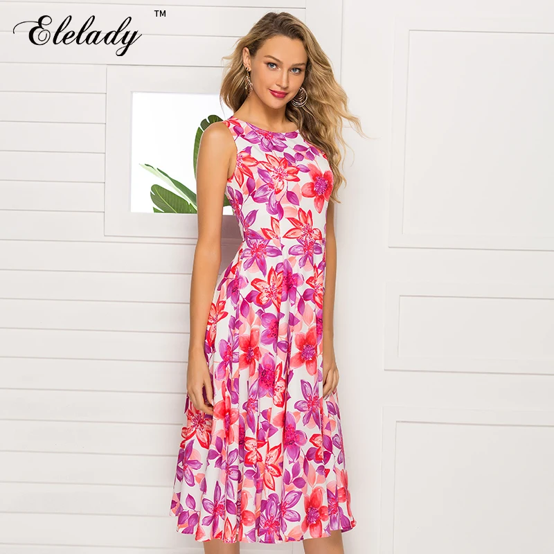 Southpire Women Sleeveless Midi Dress 2020 Spring Summer Fashion Floral Printed A line Elegant Casual Dress| |