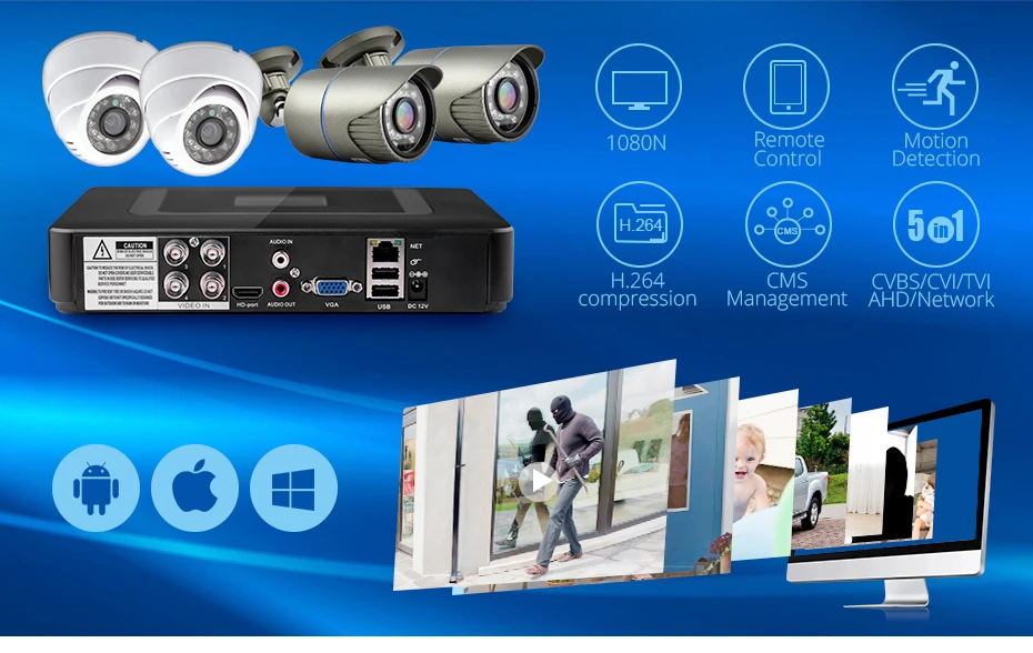 KERUI 4CH система видеонаблюдения для дома 1200TVL внутренний DVR комплект камера наблюдения система ночного видения приложение монитор камера