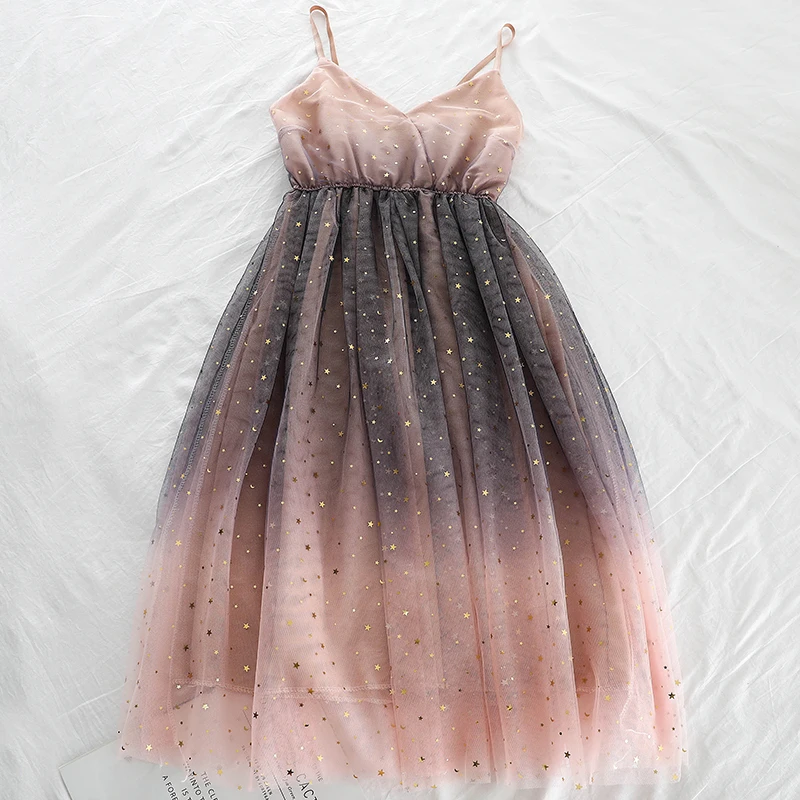 Сетчатое градиентное винтажное платье шикарное уличная свободное повседневное