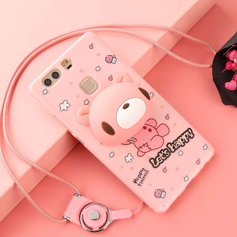 ALIVO 3D Silicone Fitted Case For Huawei P9 case with Lanyard Cartoon cute soft silicon full protective huawei Plus cover |