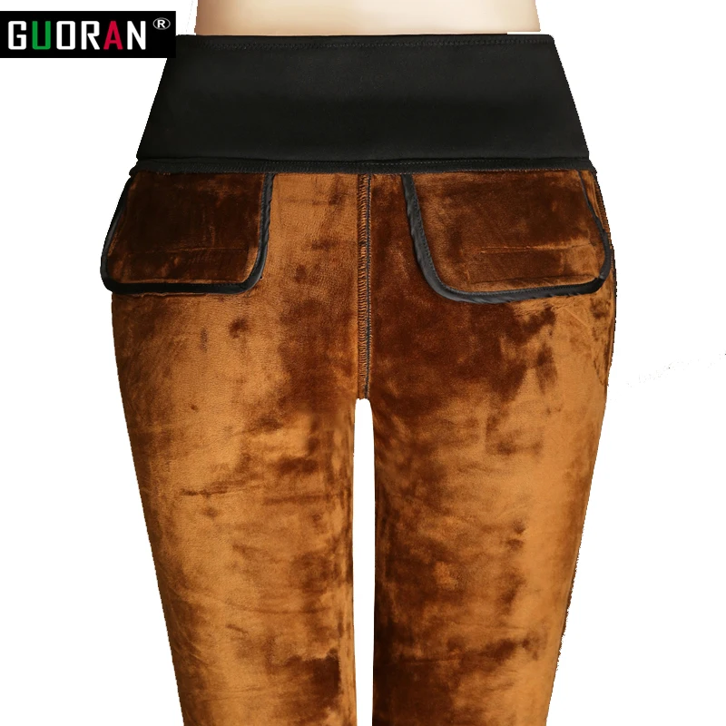 Зимние теплые женские брюки карандаш с высокой талией 2016 черные бархатные