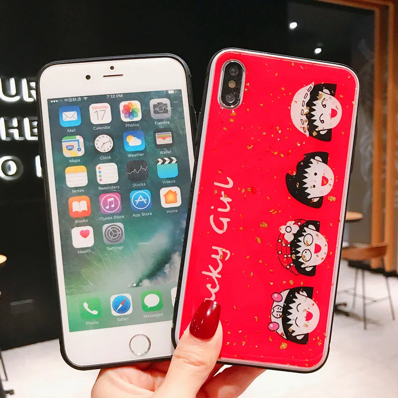 glitter epoxy Soft Case for iPhone 7 8 Plus 6 6s X XR XSMAX skid resistance cartoon redness case Chi-bi Maruko Cover |