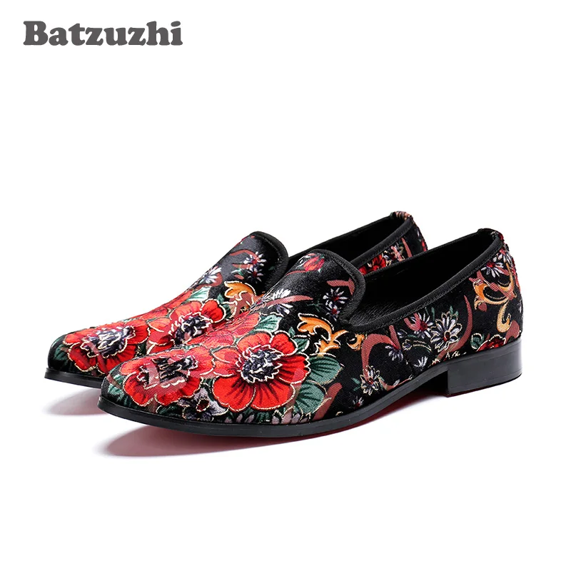 Batzuzhi Handmade Men Shoes Fashion Genuine Leather Loafers Print Flowers chaussure homme Party Casual Leather Shoes Men, Big 46