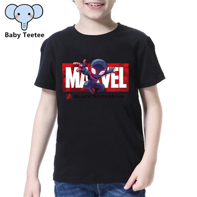 Детская черная футболка Marvel с человеком-пауком; Забавные футболки с короткими рукавами для мальчиков и девочек; хлопковые летние топы с супергероями; детская модная футболка