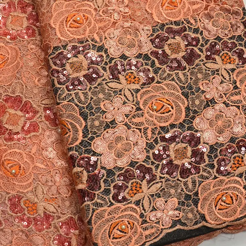 Beautiful flowers design African handcut organza lace fabric voile with Allover sequins high quality Gold RG131 |