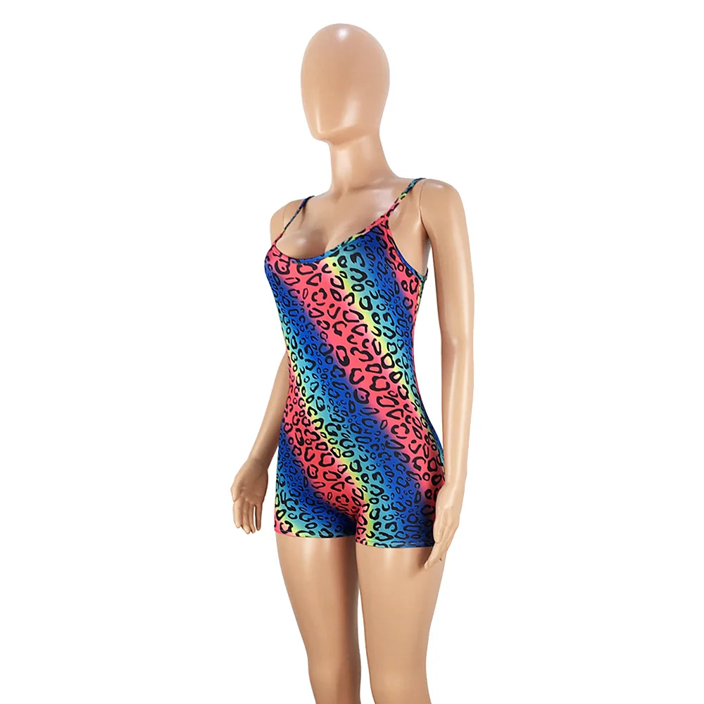 2019 Для женщин Радуга Playsuit Sexy Club летних вечеринок Sleveeless Bodycon спагетти леопардовый