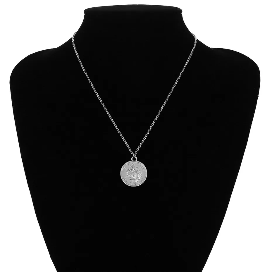 Silver Ingemark, простое, винтажное, резное ожерелье с кулоном в виде монеты, крупное лицо, Богиня Девы Марии, розы, ангела, длинная цепочка, ожерелье для женщин - Окраска металла: Silver