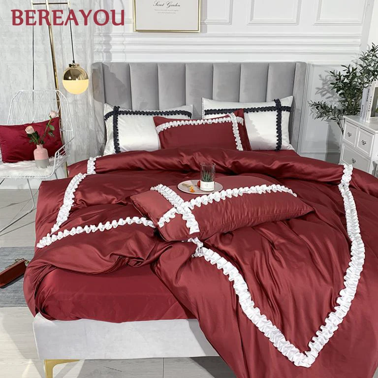 Simple Tencel Bedding Set Princess Satin Girls Flat Bed Sheet Twin Queen King Size Duvet Cover Warm Soft 3/4pcs parure de lit | Дом и сад