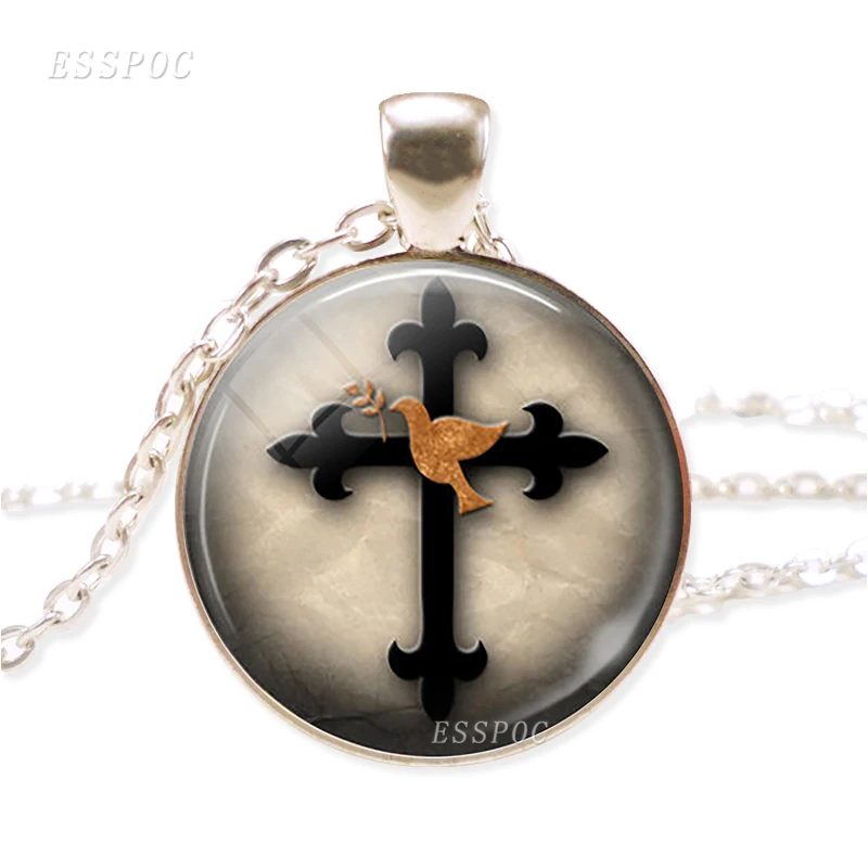 Ожерелье с крестом в виде голубя мира и Святого Креста 3 цвета стеклянный кабошон