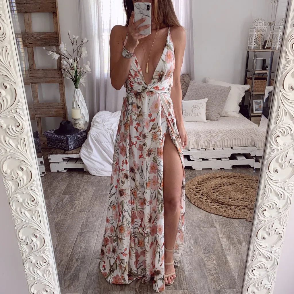 Плюс Размеры шифоновое сексуальное платье Для женщин Летнее Boho ремешками пикантные сексуальное нижнее белье с глубоким v-образным вырезом длинное вечерние Пляжные наряды Z4