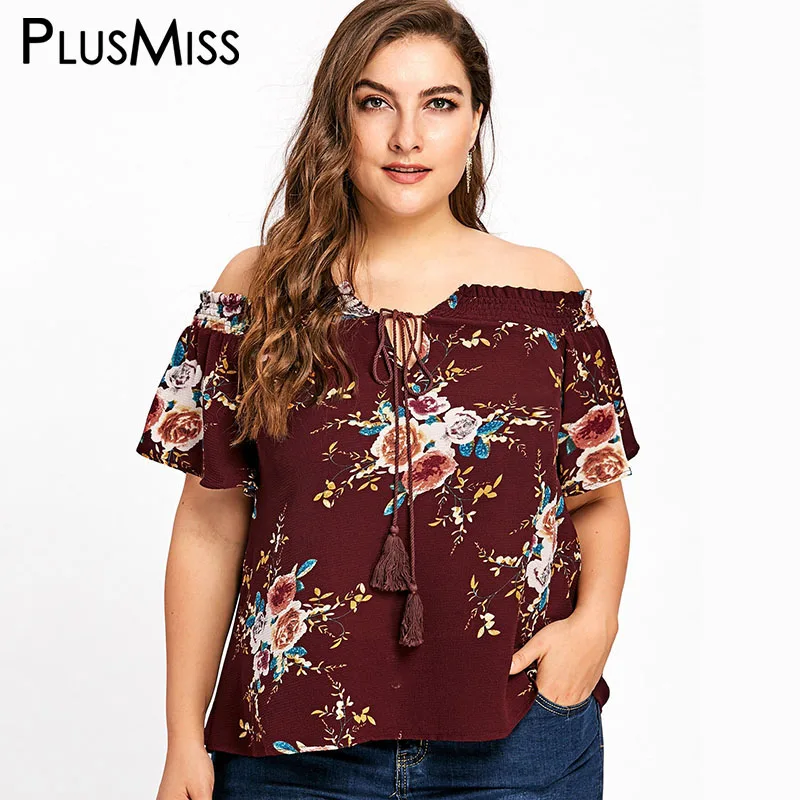 PlusMiss плюс размер 5XL Лето 2018 Сексуальная Блузка с открытыми плечами цветочным