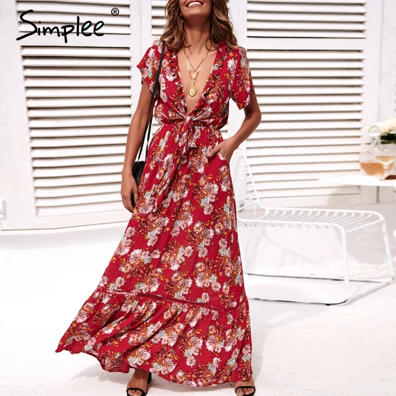 Женское летнее платье макси Simplee с цветочным принтом сексуальное красное пляжное
