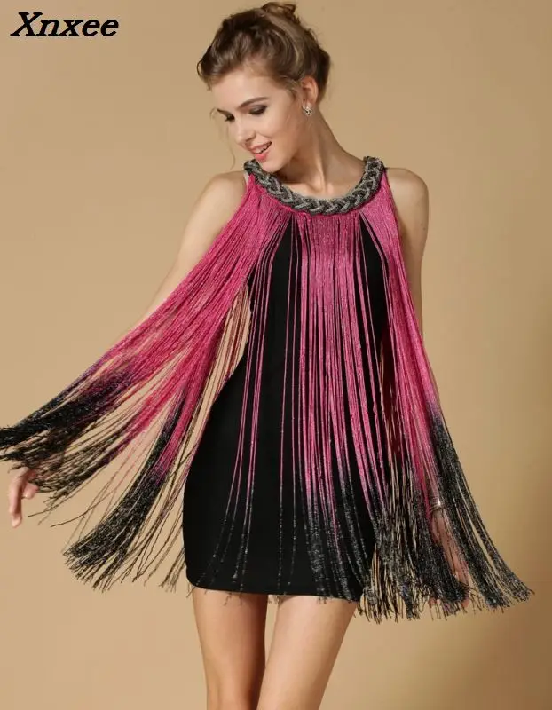 

Lady Tank Ombre Draping Costume Metal Chain Neck Gradient Tassel Dresses Women Clothing 1920s Flapper Swing Fringe Mini Vestido