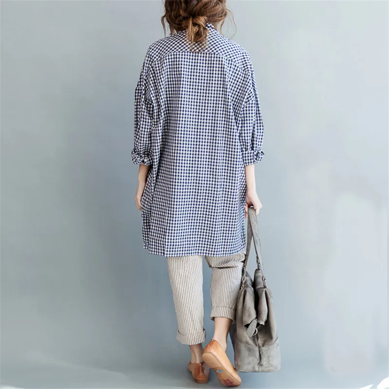 Женская клетчатая блузка с V образным вырезом большого размера|blouse shirt|check toplong loose