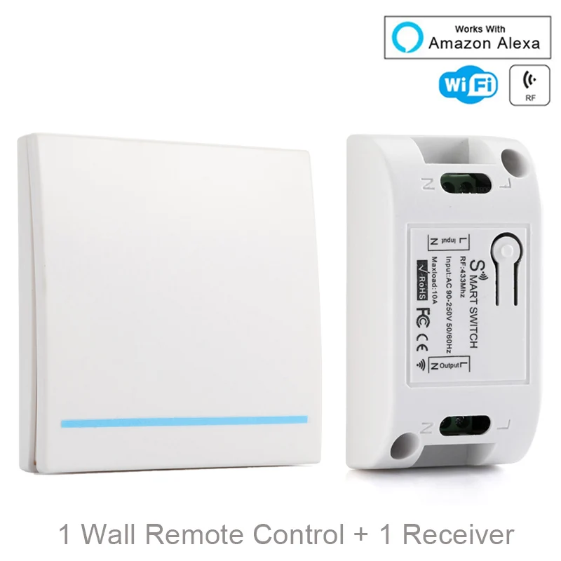 1 RC and 1 Receiver QIACHIP RF Wifi переключатель RF 433 MHz 10A/2200 W беспроводной переключатель 86 Тип вкл/выкл переключатель панель 433 MHz RF WiFi Пульт дистанционного управления Передатчик - Комплект: 1 RC and 1 Receiver