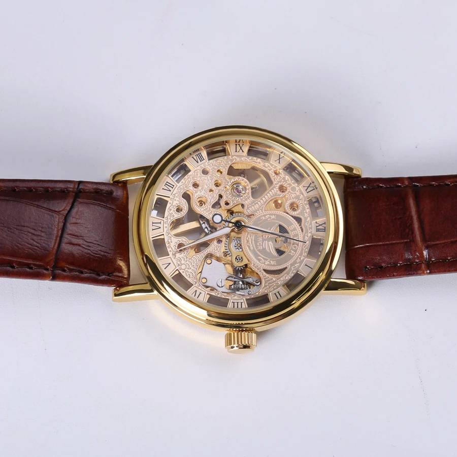 Мужские механические часы скелетоны на кожаном ремешке|clock brand|clock steampunkclock gold men |