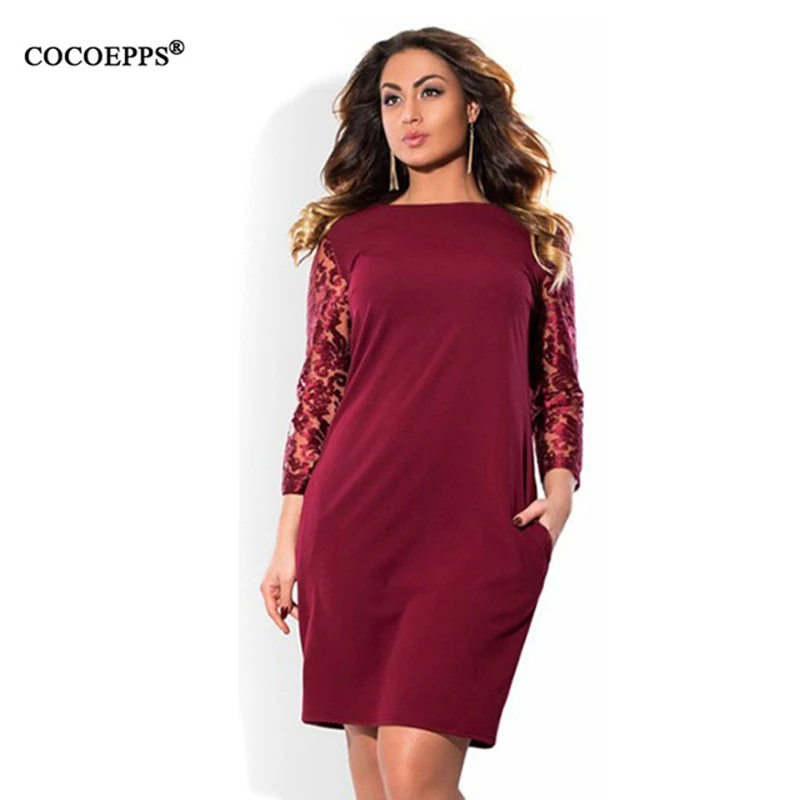 Женское утепленное платье COCOEPPS красное кружевное с цветочным рукавом размера