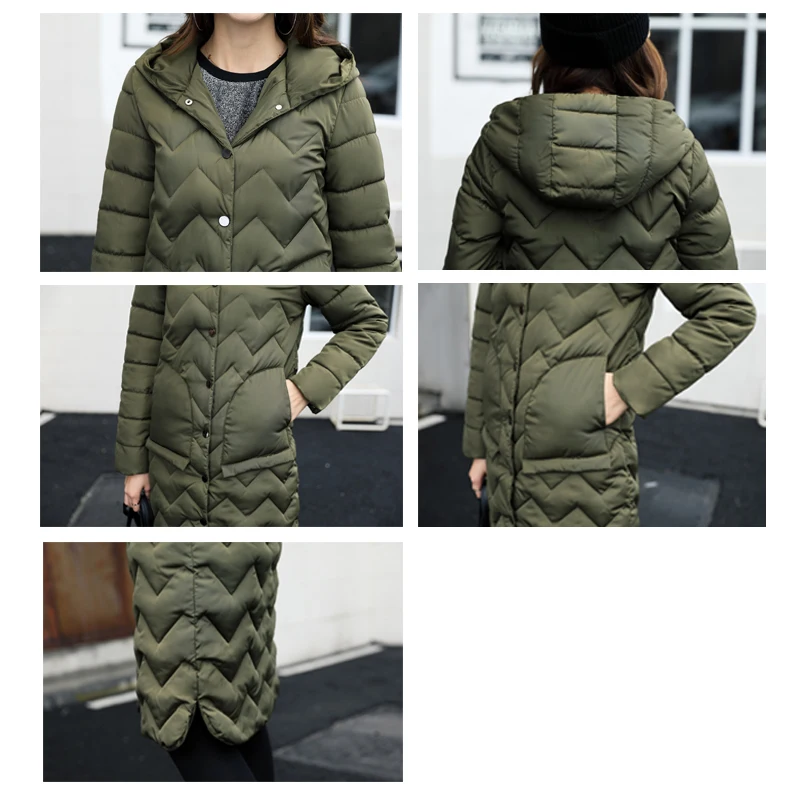 

Nice Women Winter Hooded Warm Coat Big Pocket Long Cotton Padded Jacket Female Outerwear Parka Ladies Breast Button Camperas