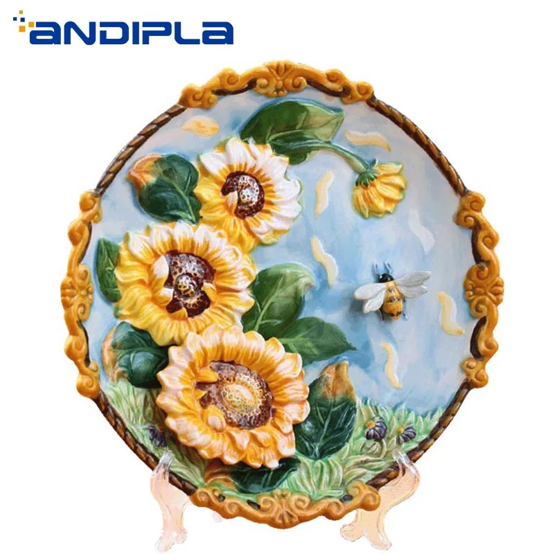 

8.5 inch Creative Design Ceramic Decoration Plate Emboss Sunflower Bee Tray Crafts Restaurant Wall Decor Hanging Dish Adornment